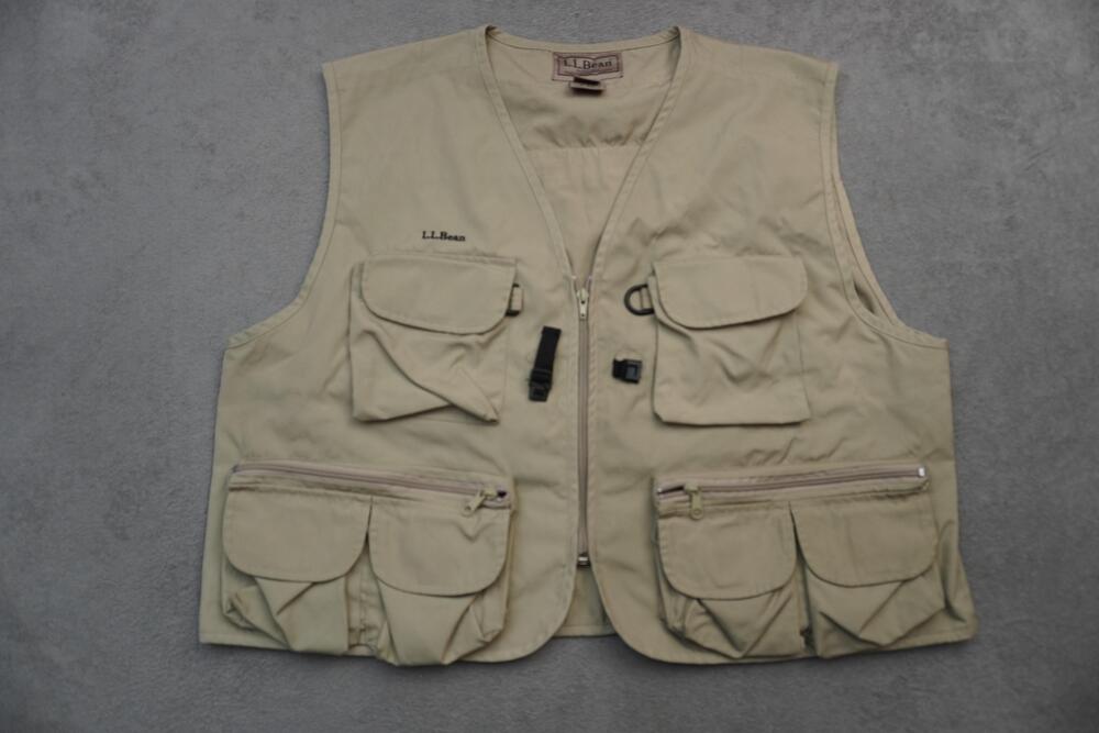 LL Bean Vest Mens XL Beige Canvas Multi Pocket Fishing Travel Outdoor Utility